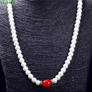 New Faux Pearl & Red Jade Bead Necklace 20”